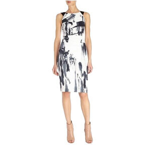 Karen Millen Dress Sheath Round Neck Sleeveless Ruched Black Gray White 4 S